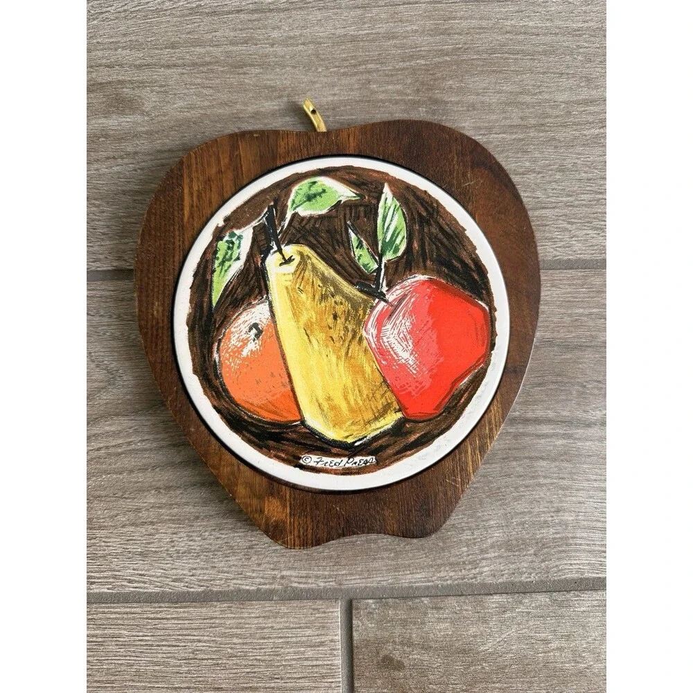 Vintage MCM Fred Press Art Apple Design Wood Cheese Board EUC Original